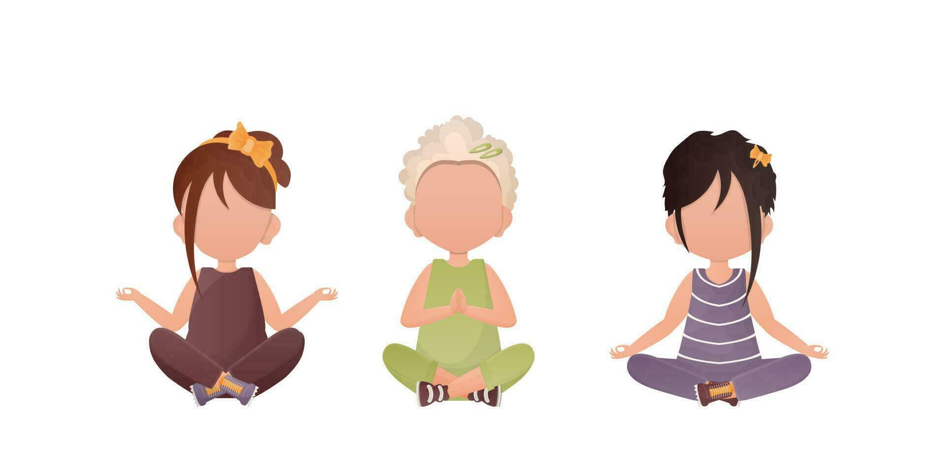 pequeño muchachas son meditando para niños meditación. vector ilustración en dibujos animados estilo. conjunto aislado en un blanco antecedentes.