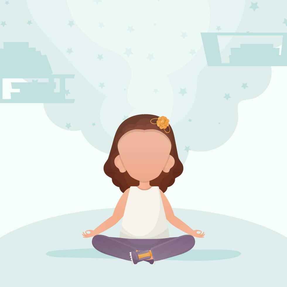 pequeño niña haciendo yoga en el loto posición. yoga niños. vector ilustración.