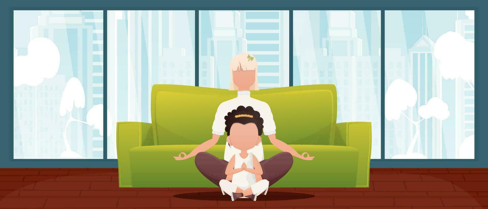 Mom and daughter do yoga together in the lotus position. Cartoon style. Vector illustration.