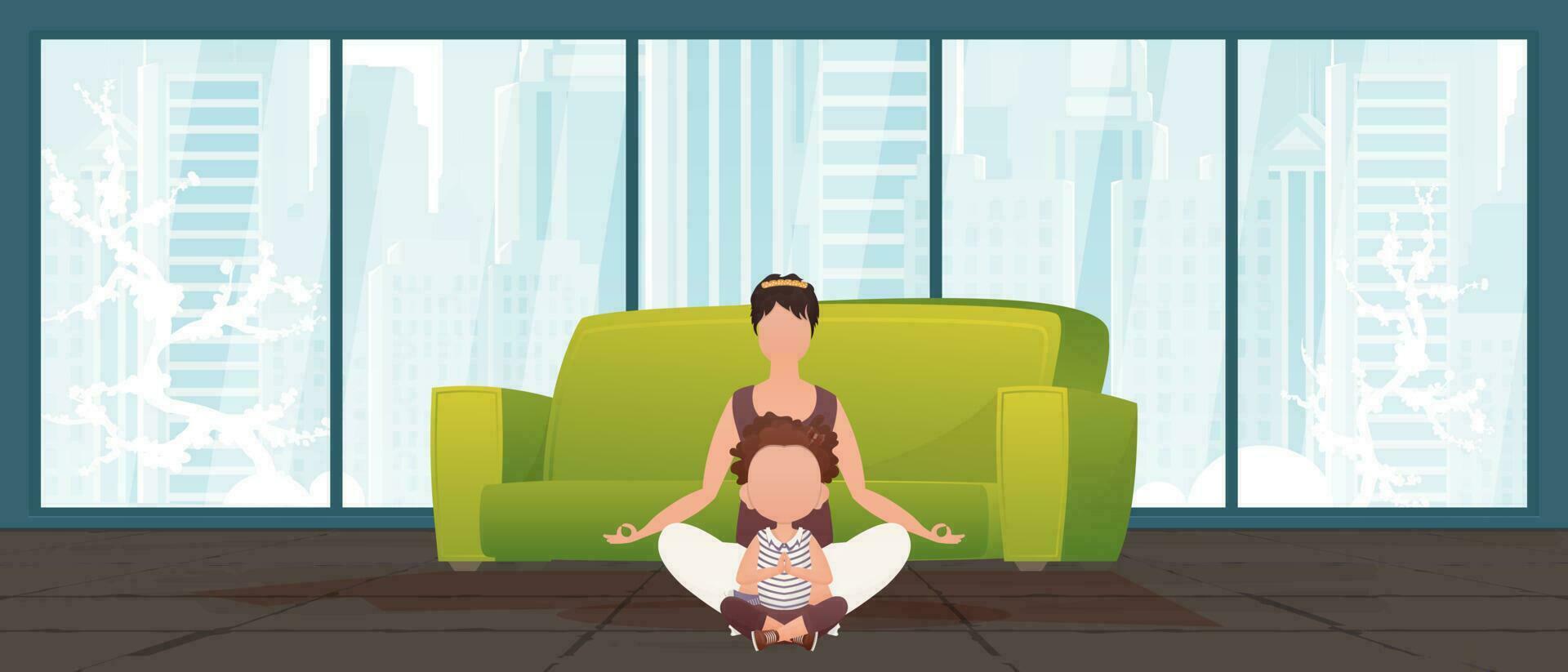 Mom and daughter do yoga together in the lotus position. Design in cartoon style. Vector illustration.