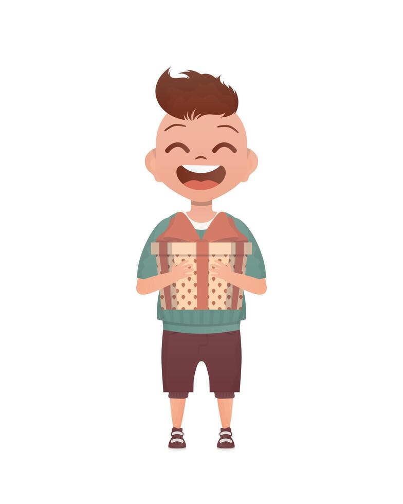 A small boy child is depicted in full growth and holds a box with a bow in his hands. Birthday, New Year or holidays theme. Isolated. Cartoon style. vector