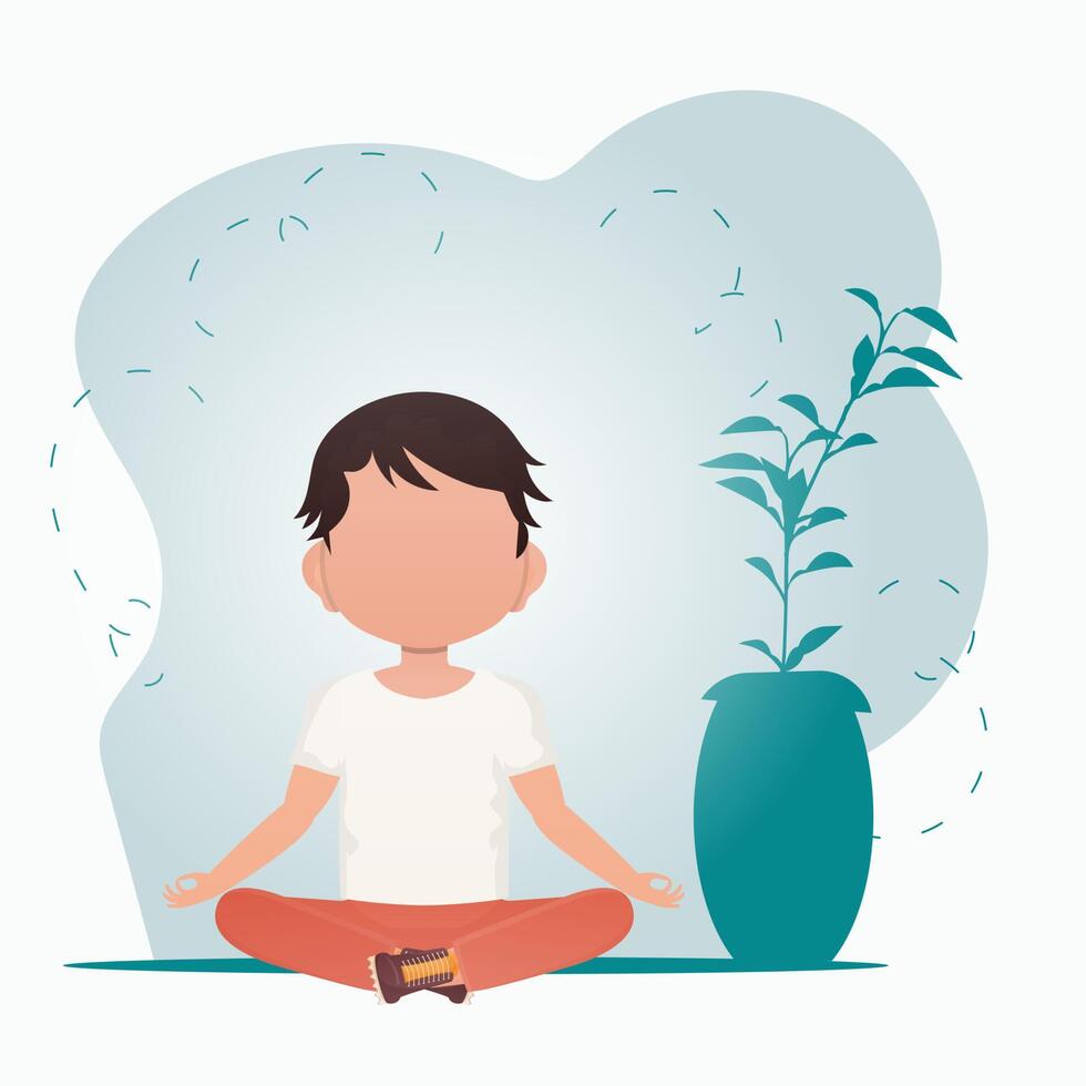 Cute little baby boy doing yoga in the room. Sports and recreation concept. Vector illustration in cartoon style.