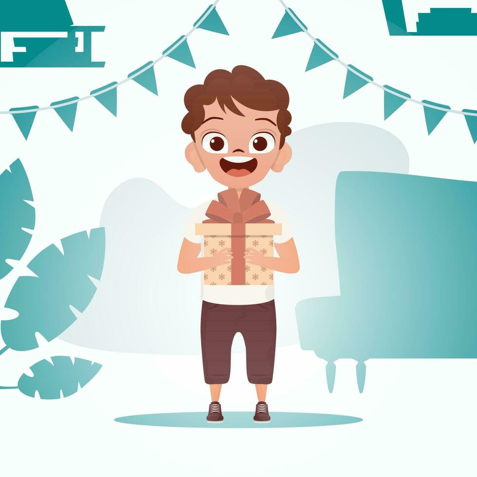 contento niño chico en lleno crecimiento, participación un regalo con un arco en su manos. Días festivos tema. vector ilustración en dibujos animados estilo.