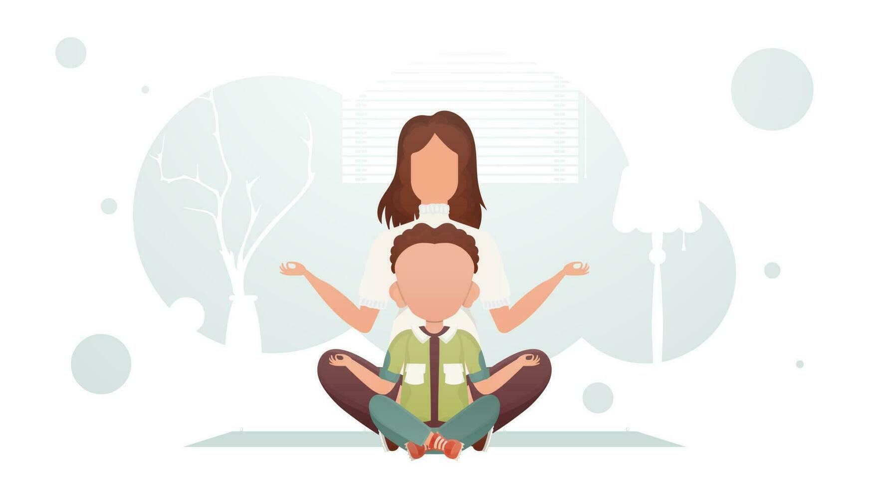 Mom and little son are sitting in the room doing yoga. Yoga. Cartoon style. vector