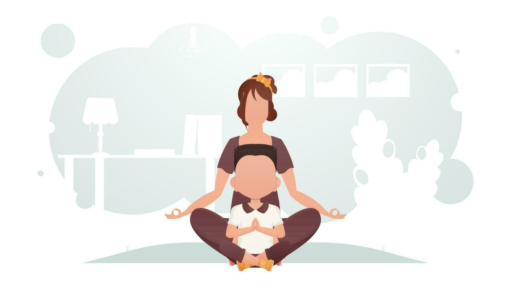 Mom and son are sitting in the room doing meditation. Yoga. Cartoon style. vector