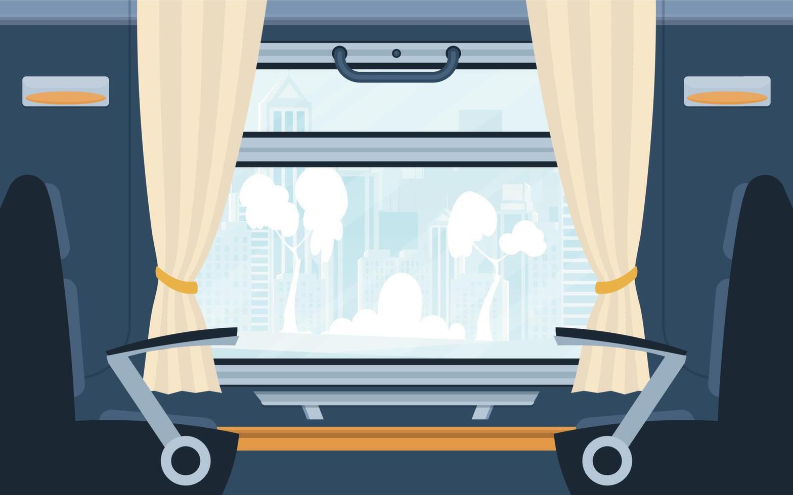 Train inside with armchairs and a large window. Railway transport. Cartoon style. Flat style. vector