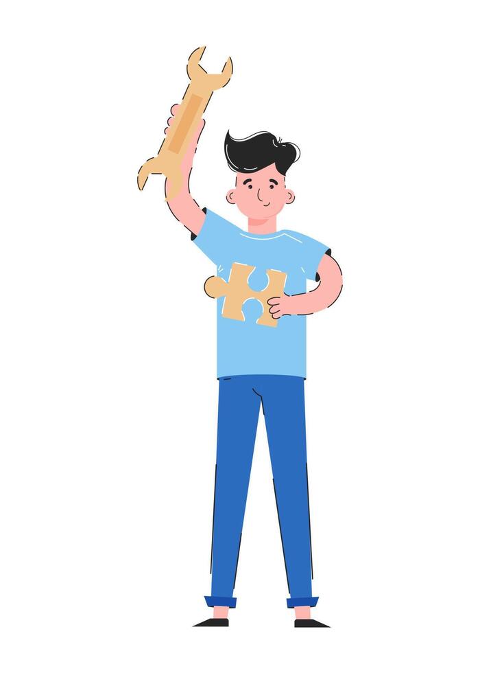 The guy holds a wrench and a puzzle in his hands. Isolated on white background. Good for apps, presentations and websites. Vector. vector