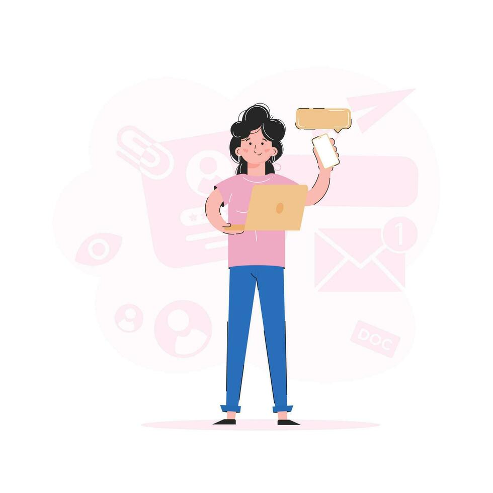 A girl in full growth holds a laptop and a phone. Trend illustration. Good for apps, presentations and websites. Vector. vector