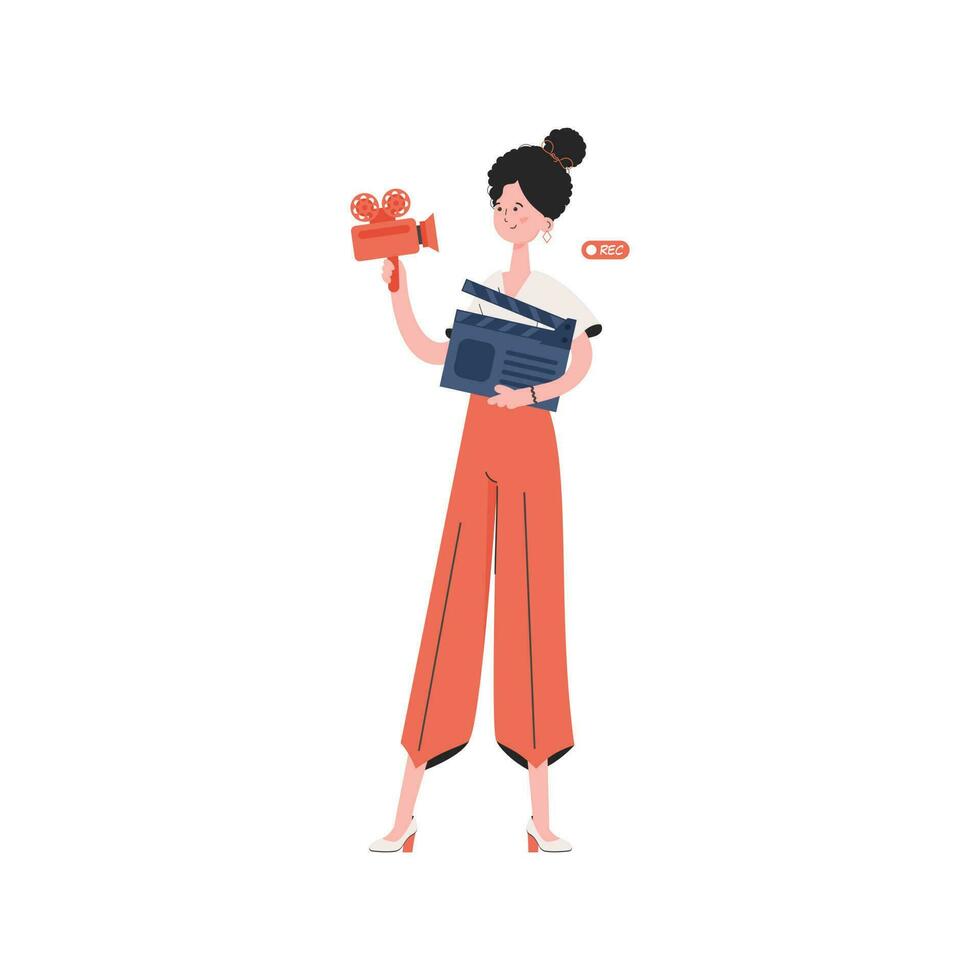 A woman stands in full growth with a video camera. Isolated. Element for presentations, sites. vector