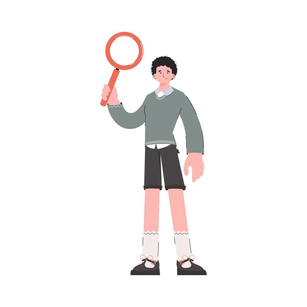 A man stands in full growth and holds a magnifying glass in his hands. Isolated. Element for presentations, sites. vector