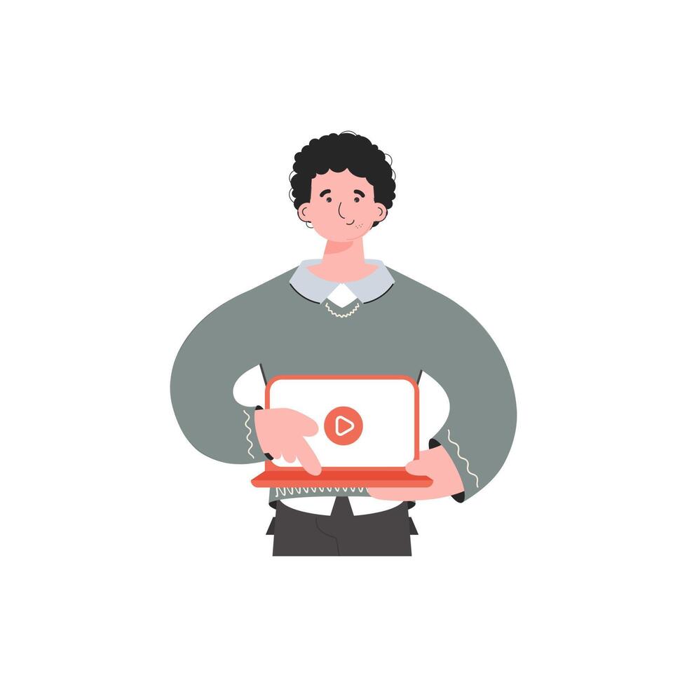 A man stands waist-deep with a laptop. Isolated. Element for presentations, sites. vector