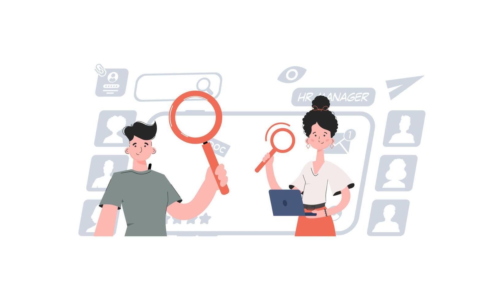 A man and a woman are standing belt and holding a laptop. Search Element for presentations, websites. vector