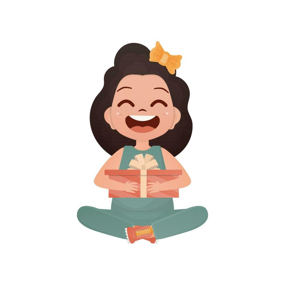 A happy girl sits in a lotus position with a gift in her hands. Cartoon style. Vector illustration.
