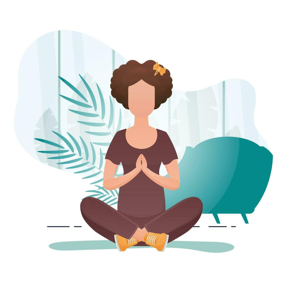 The girl is sitting in the lotus position. Healthy lifestyle concept. Vector illustration in cartoon style.