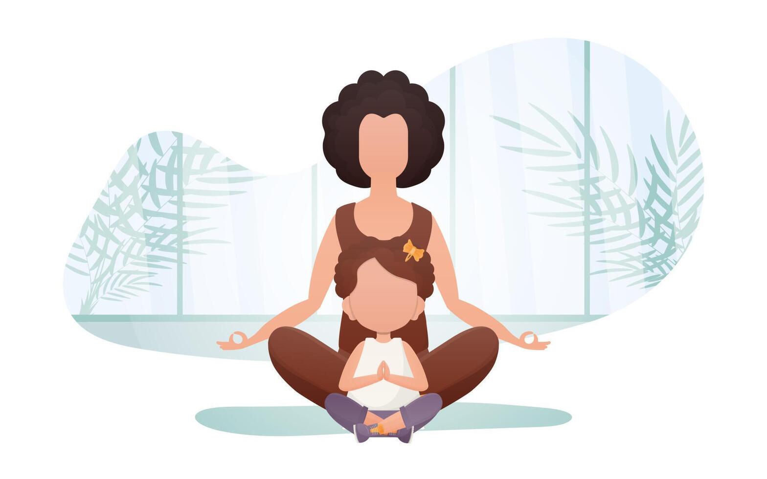 Mom and daughter meditate in the lotus position. Cartoon style. Sports lifestyle. Vector illustration.