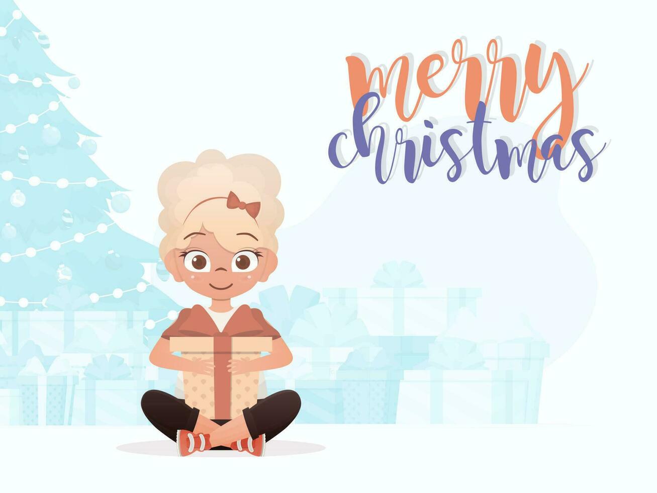 Little girl is holding a gift. Merry christmas postcard. Cartoon style. vector