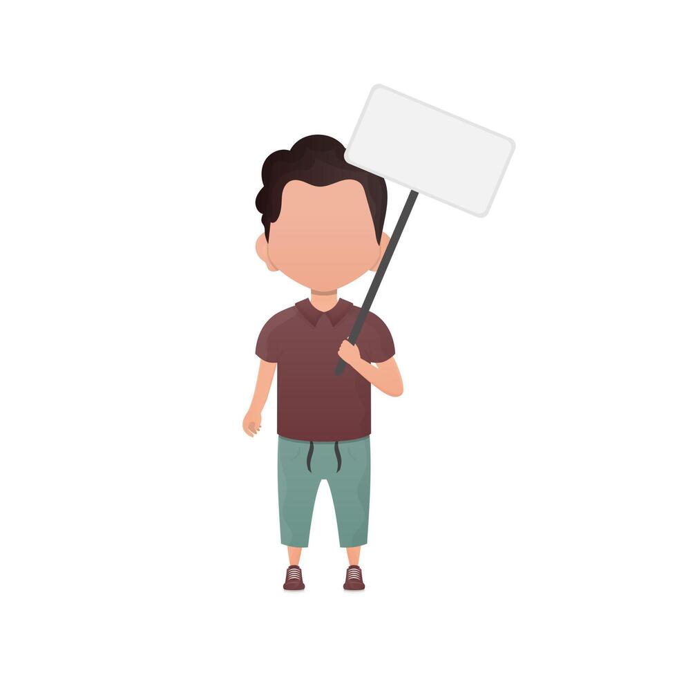 A cute little boy with a blank sign. Isolated on white background. illustration in cartoon style. vector