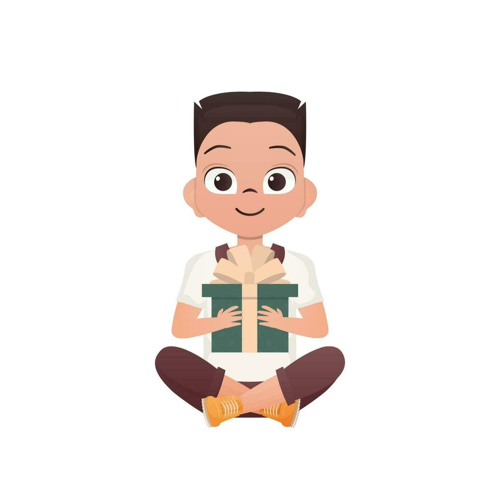 A small teenage boy sits in a lotus position and holds a gift in his hands. Birthday, New Year or holidays theme. Cartoon style isolated on white background. vector