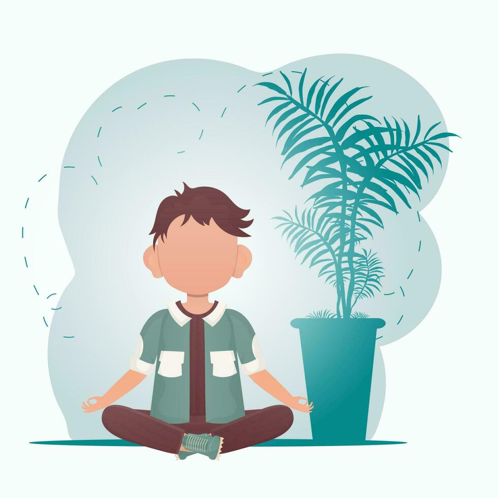 A cute little boy is doing yoga in the room. Sports and recreation concept. Vector illustration in cartoon style.