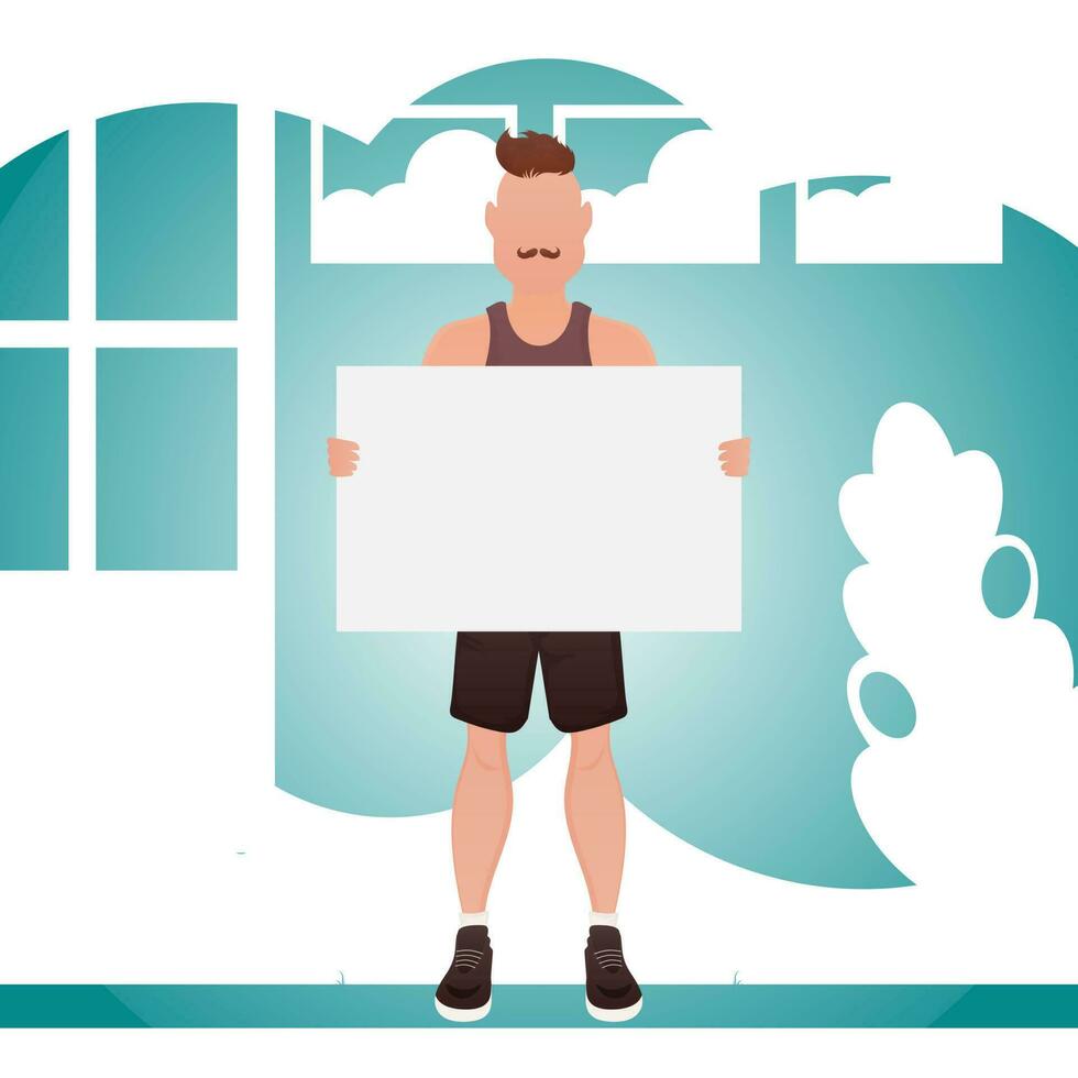 A guy with a strong physique in full growth holds an empty space for advertising in his hands. Place for your advertisement. Cartoon style. vector