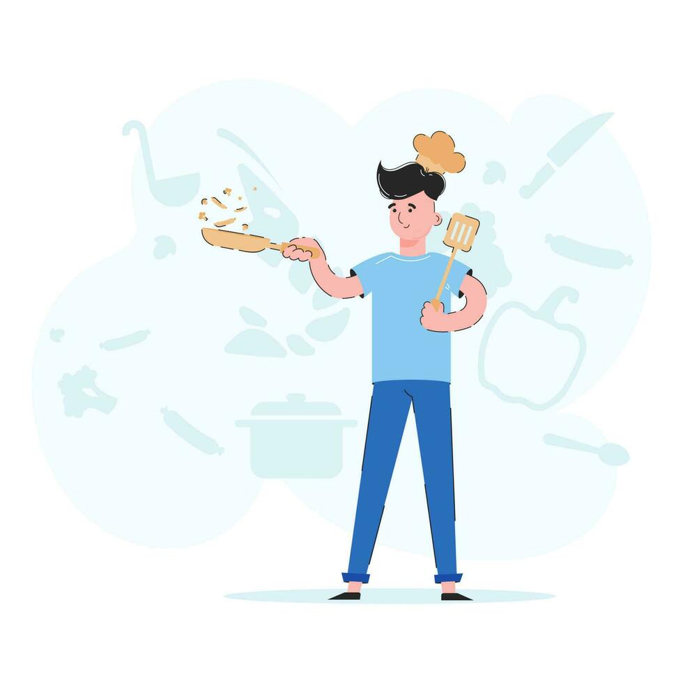 The guy is holding a frying pan with food in his hands. Chef concept. Trendy flat vector