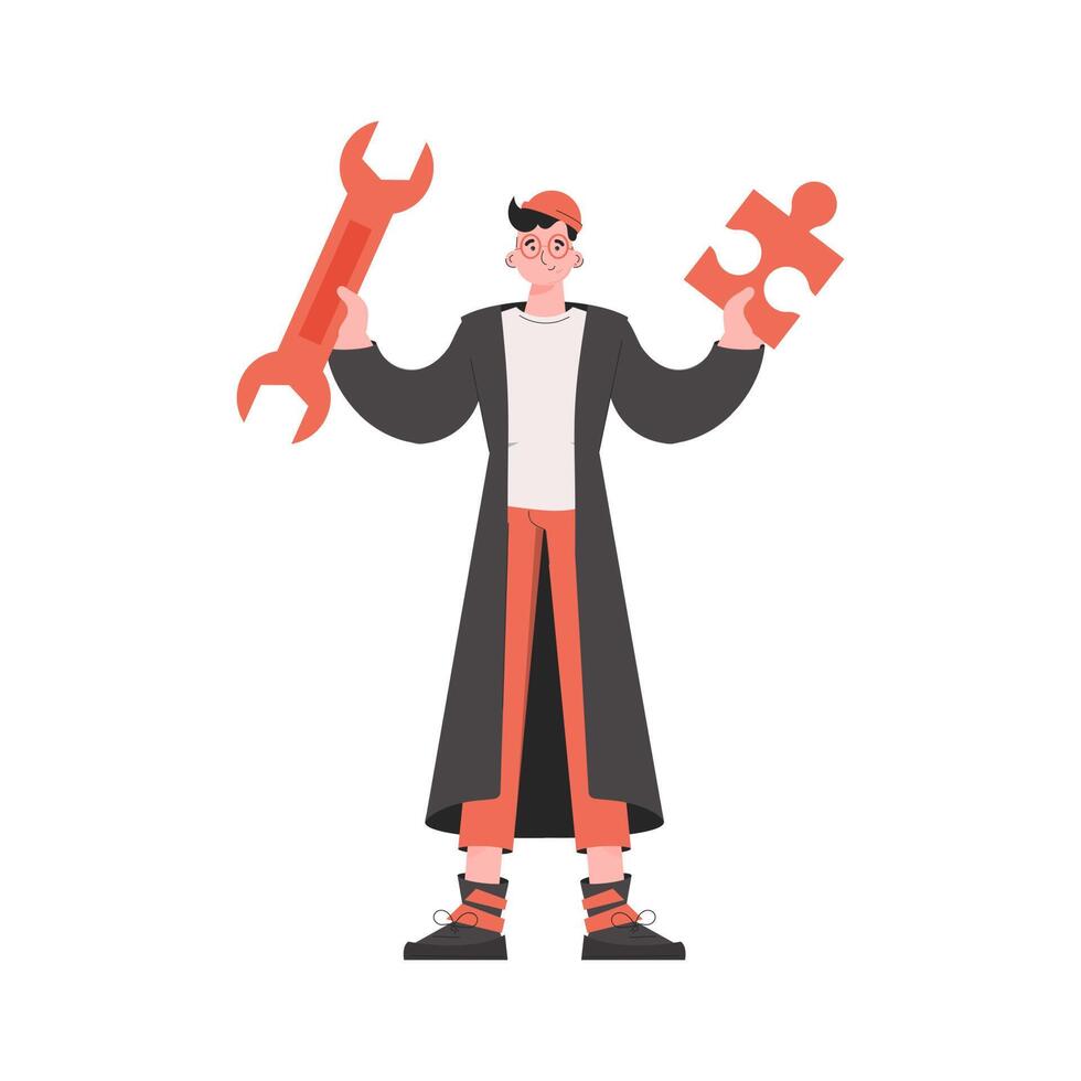 A man stands in full growth and holds a wrench in his hands. Isolated. Element for presentations, sites. vector