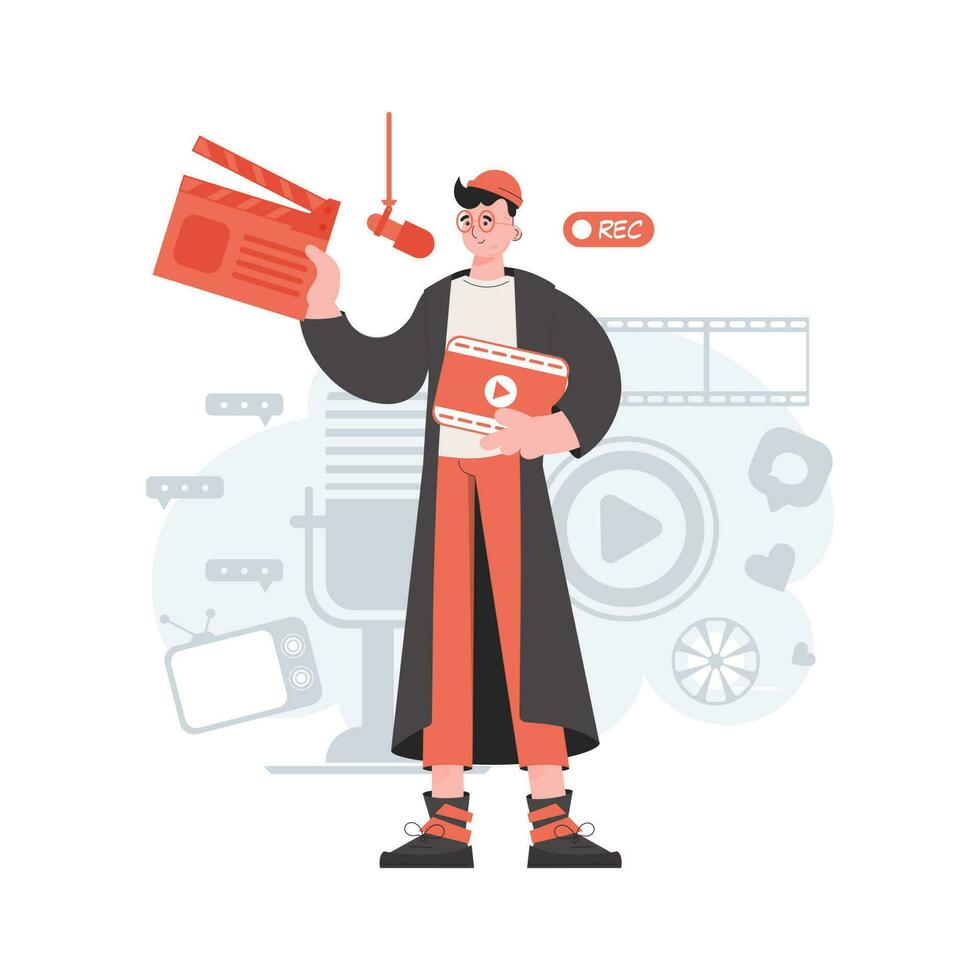 A man stands in full growth with an open clapperboard. Blogging. Element for presentations, sites. vector