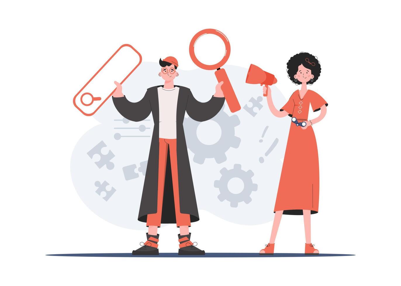 A man and a woman are standing in full growth holding a web search box in their hands. Human resource. Element for presentations, sites. vector