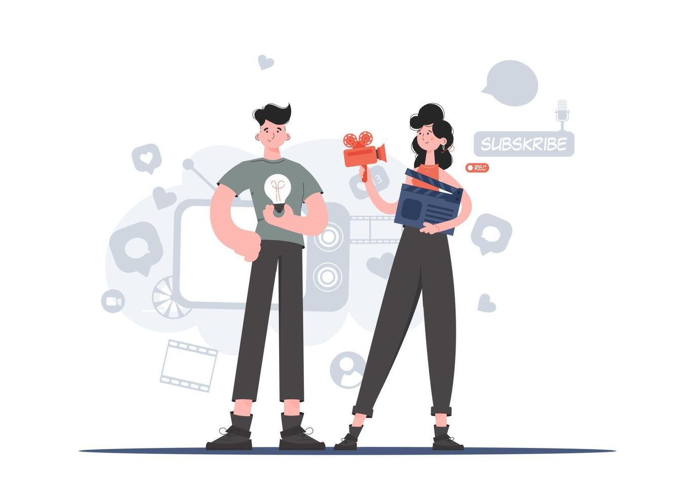 A man and a woman stand in full growth and hold a camera and a light bulb. Blogging. Element for presentations, sites. vector