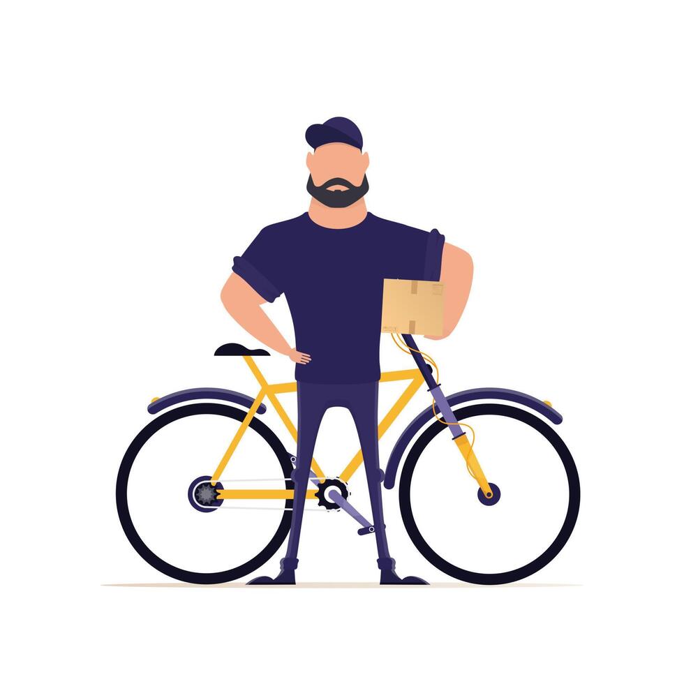 Courier man stands near the bike and holds a box. Delivery concept. Isolated on a white background. vector
