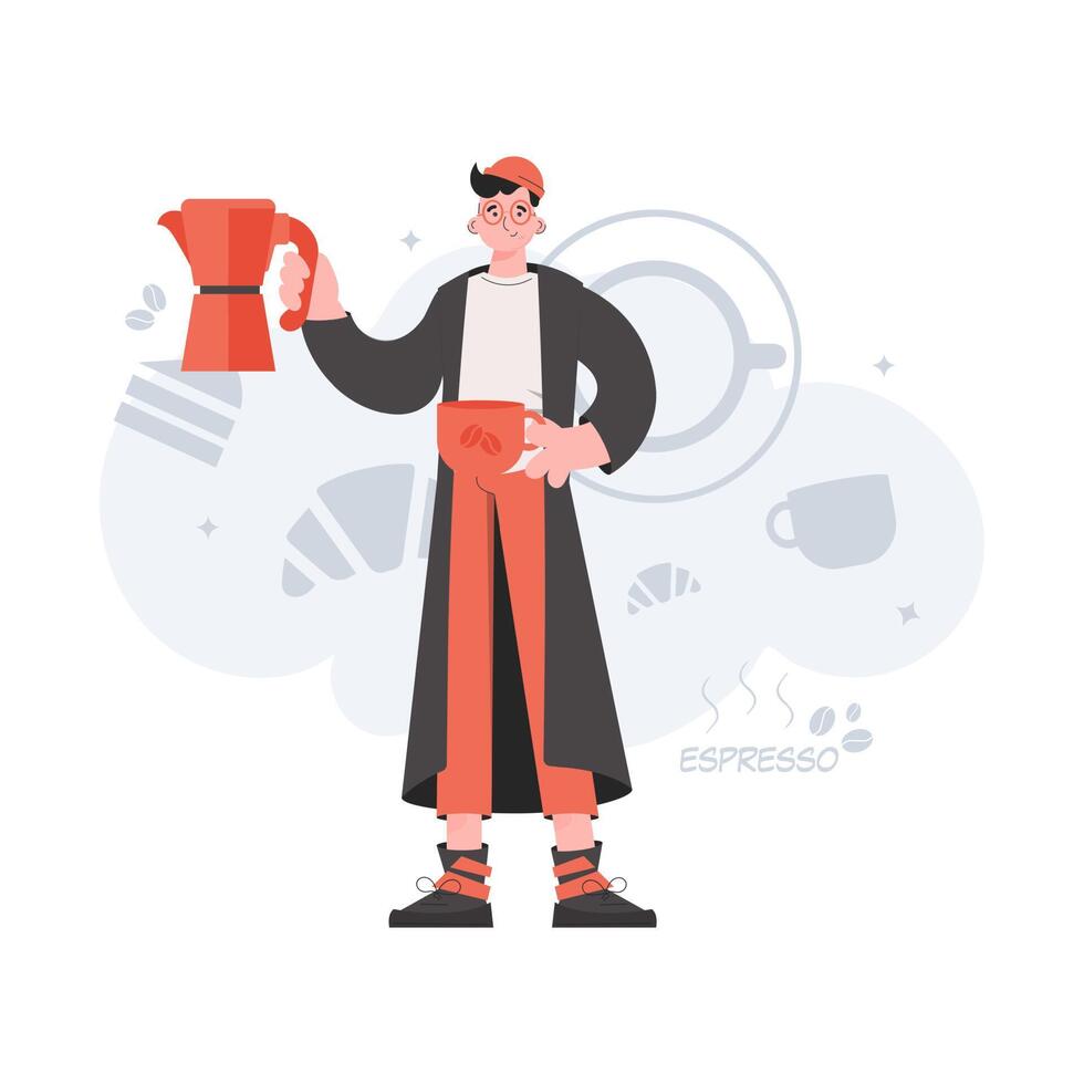 A man stands in full growth in the hands of coffee. Coffee shop. Element for presentations, sites. vector