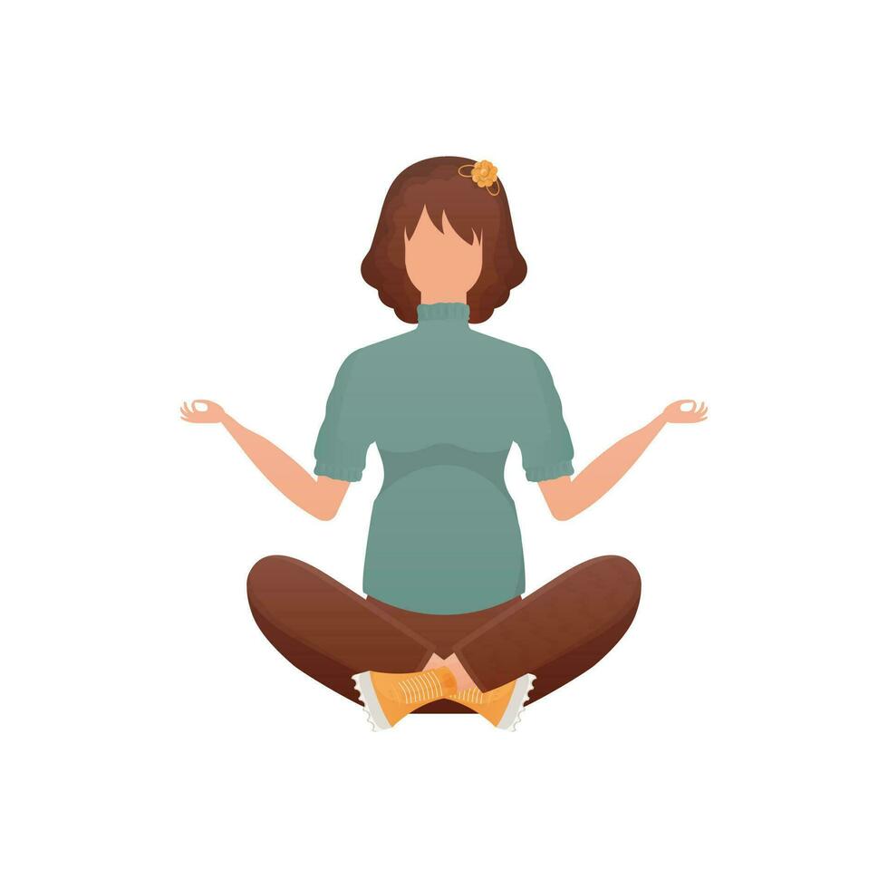 A woman sits in the lotus position. Isolated on white background. Cartoon style. vector