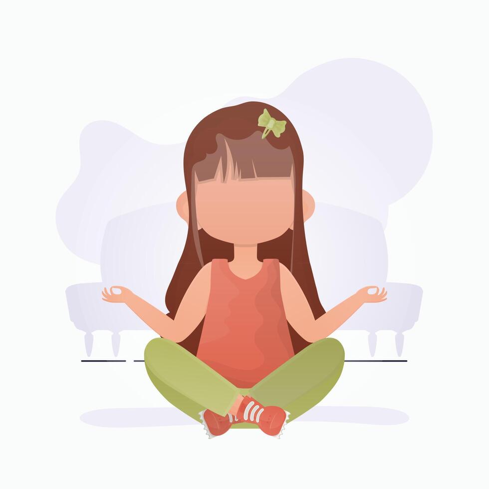 pequeño niña es meditando para niños meditación. dibujos animados estilo. vector