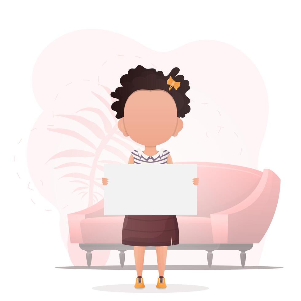 Child Girl with a blank banner for your text. Design in cartoon style. . vector