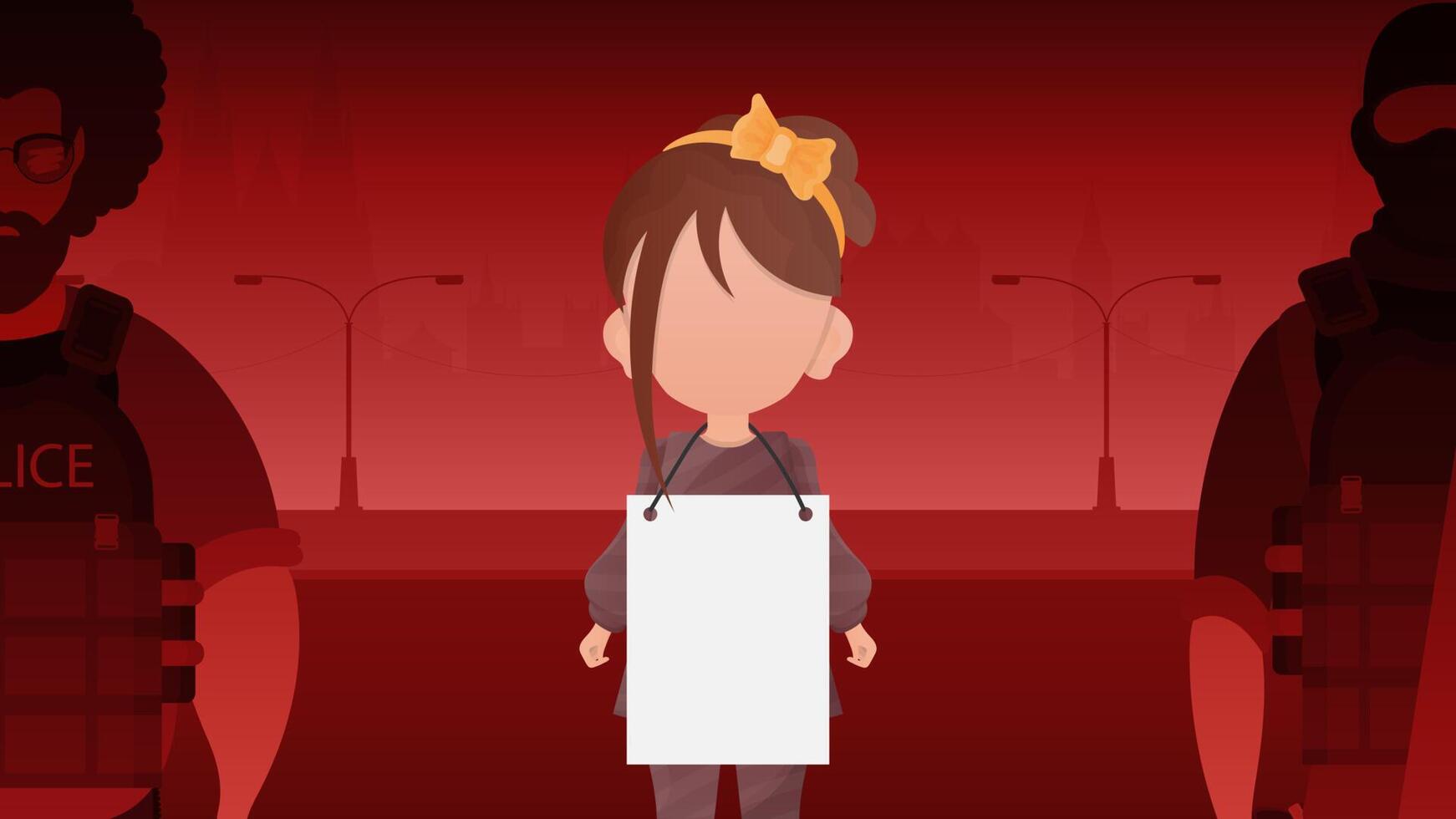 Child Girl with a blank poster for your text. Design in cartoon style. . vector