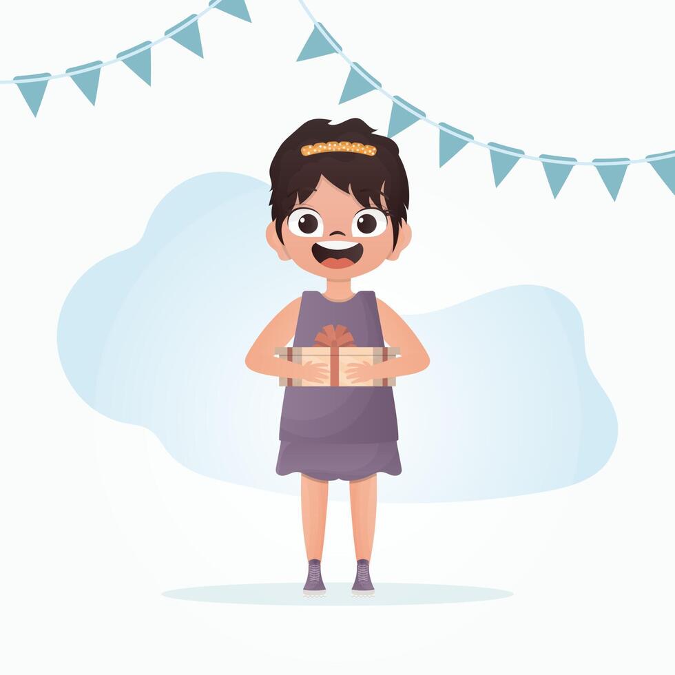 Smiling cute little girl holding a gift. Birthday. Cartoon style. vector