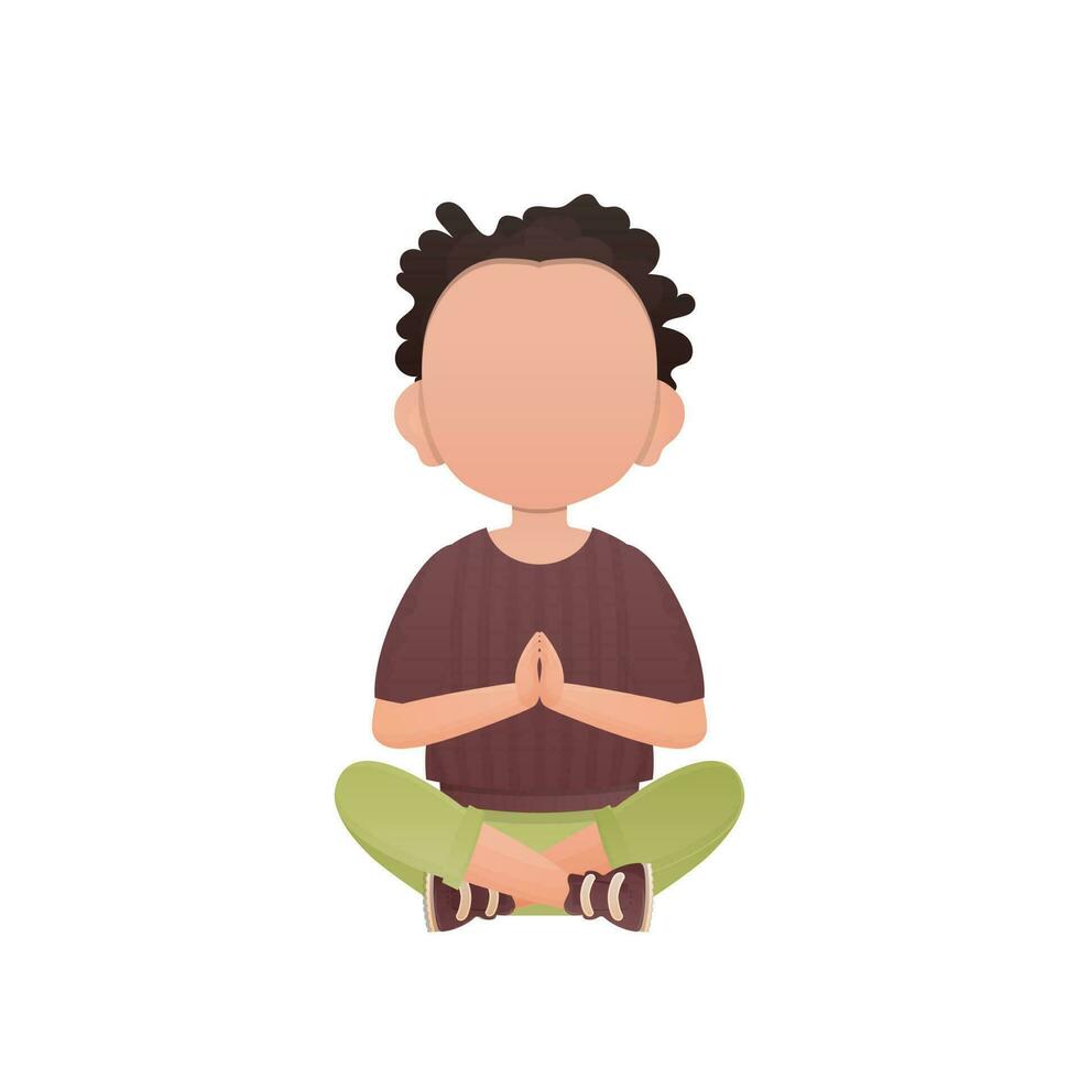 linda preescolar chico es comprometido en meditando aislado. dibujos animados estilo. vector