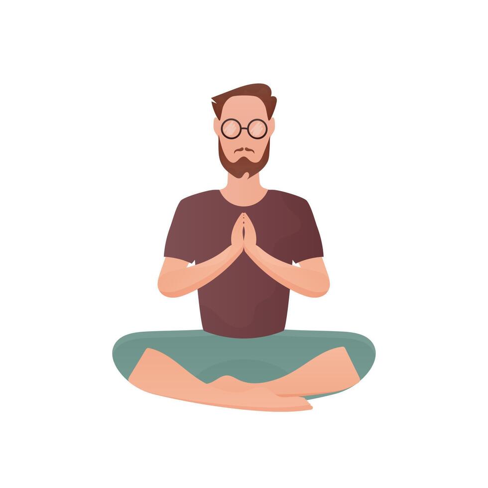 A well-built man sits in a lotus position and meditates. Isolated. Cartoon style. vector