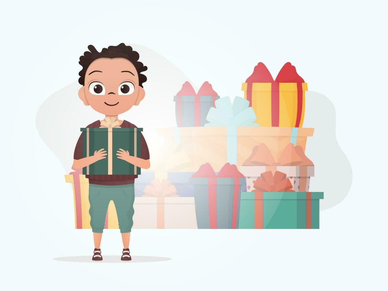 un pequeño chico es participación un caja con un arco en su manos. Navidad. dibujos animados estilo. vector