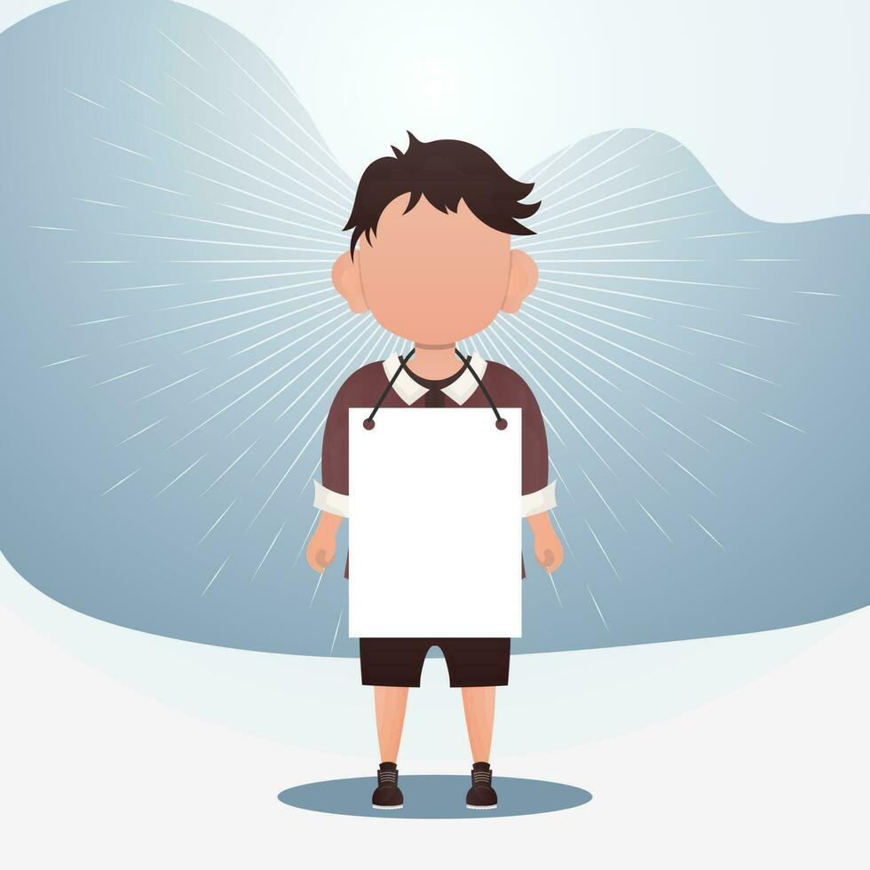 A cute little boy with a blank sign. Place for your text. Vector illustration in cartoon style.
