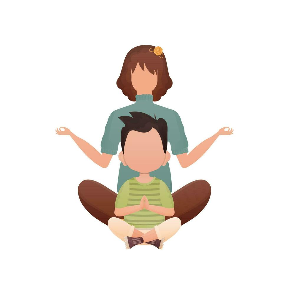 mamá con su pequeño hijo son sentado haciendo yoga en el loto posición. aislado. dibujos animados estilo. vector