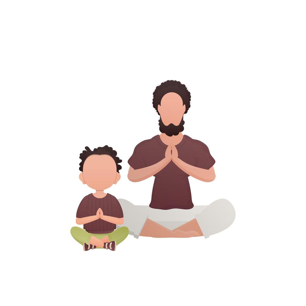 Dad with a little son are sitting doing yoga in the lotus position. Isolated. Cartoon style. vector