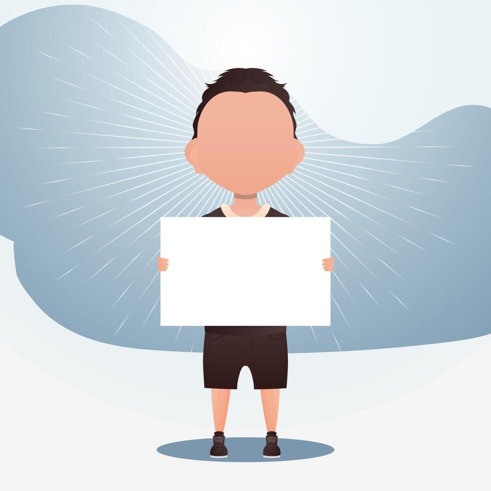 A cute little boy with a blank banner. Place for your text. Cartoon style. illustration. vector