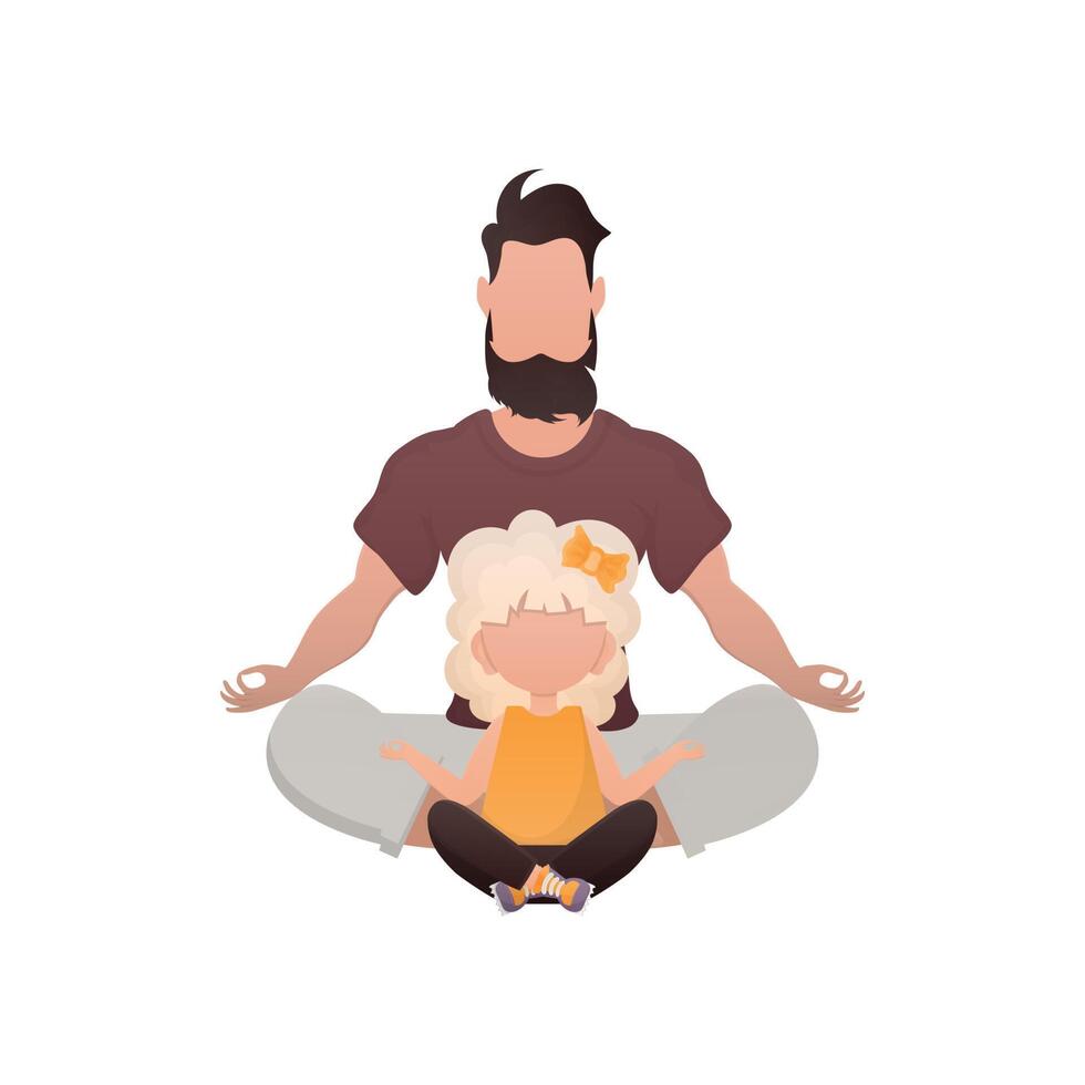A strong man and a cute little girl are sitting doing yoga in the lotus position. Isolated. Cartoon style. vector