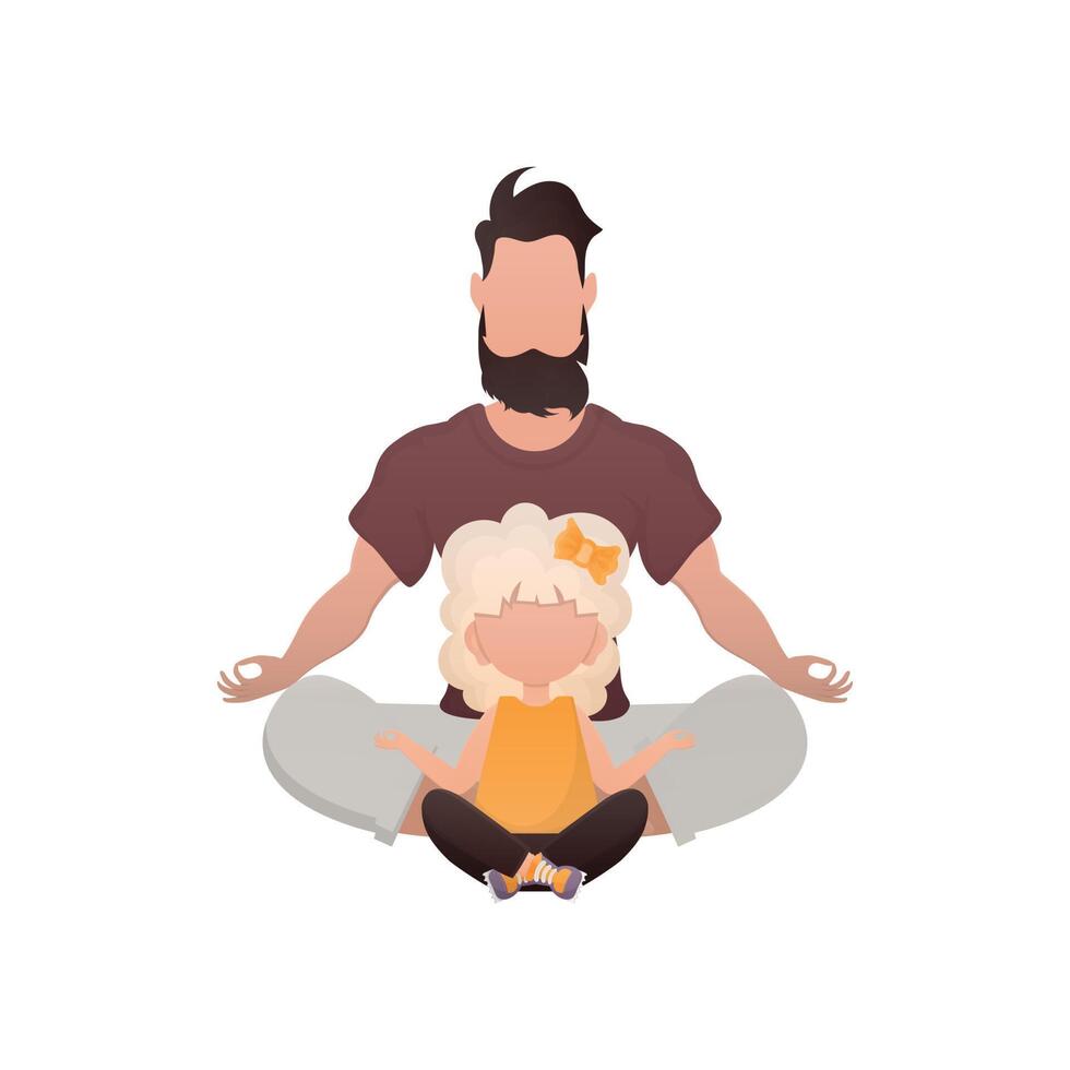 un fuerte hombre y un linda pequeño niña son sentado haciendo yoga en el loto posición. aislado. dibujos animados estilo. vector