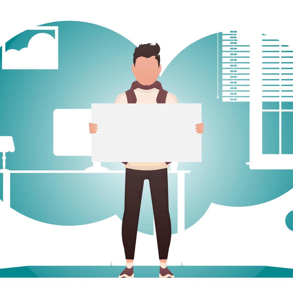 A guy with a strong physique stands in full growth and holds an empty banner in his hands. Place for your advertisement. Cartoon style. vector