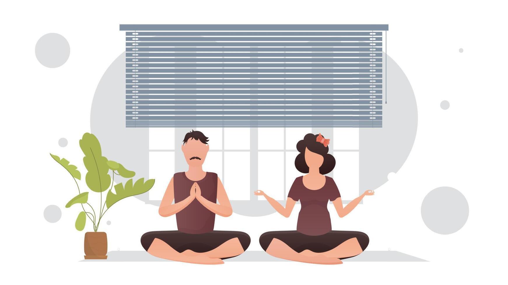 The guy and the girl are sitting in the lotus position in the room. Meditation. Cartoon style. vector