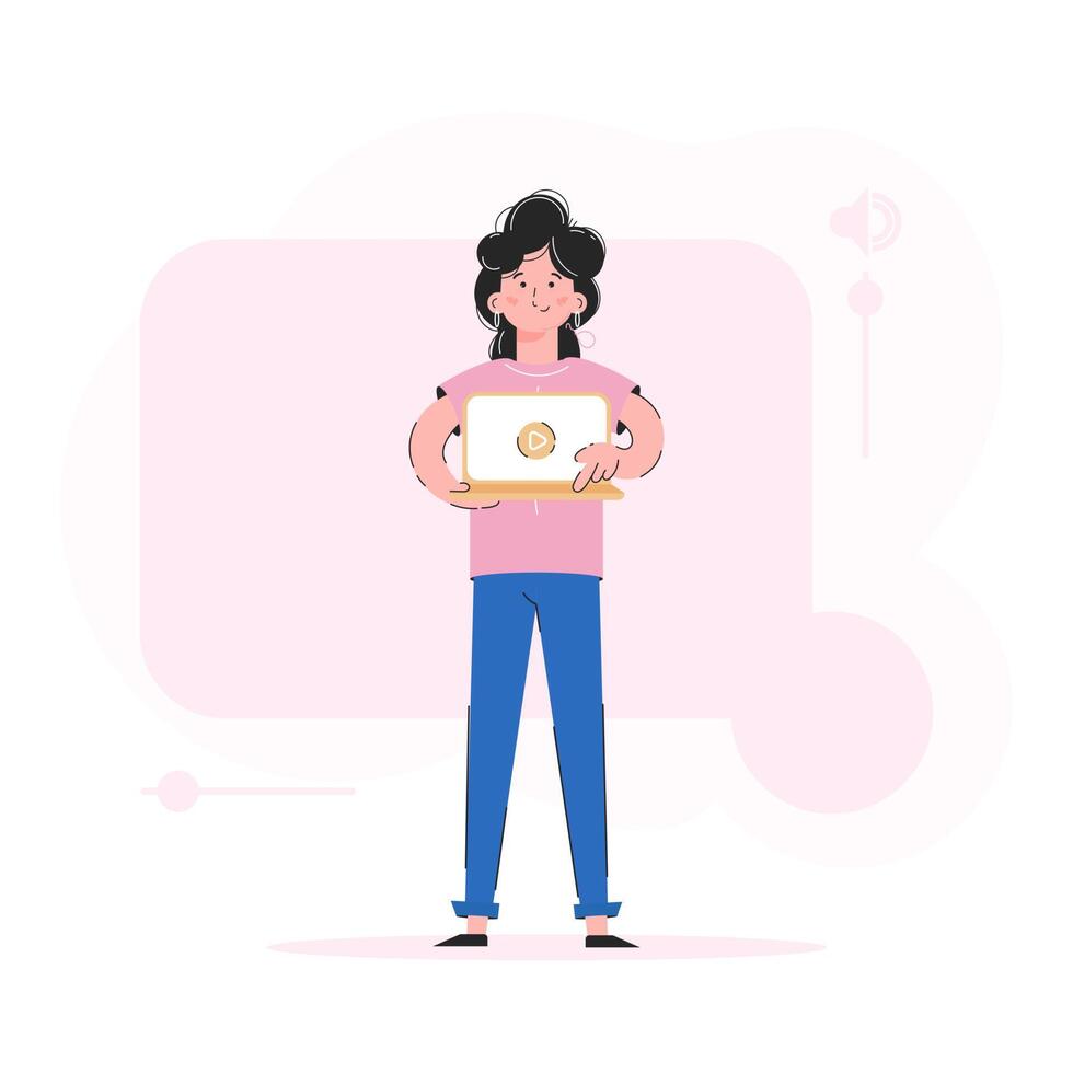 The girl holds a laptop in her hands and presses the play. Trend illustration. Good for apps, presentations and websites. Vector. vector