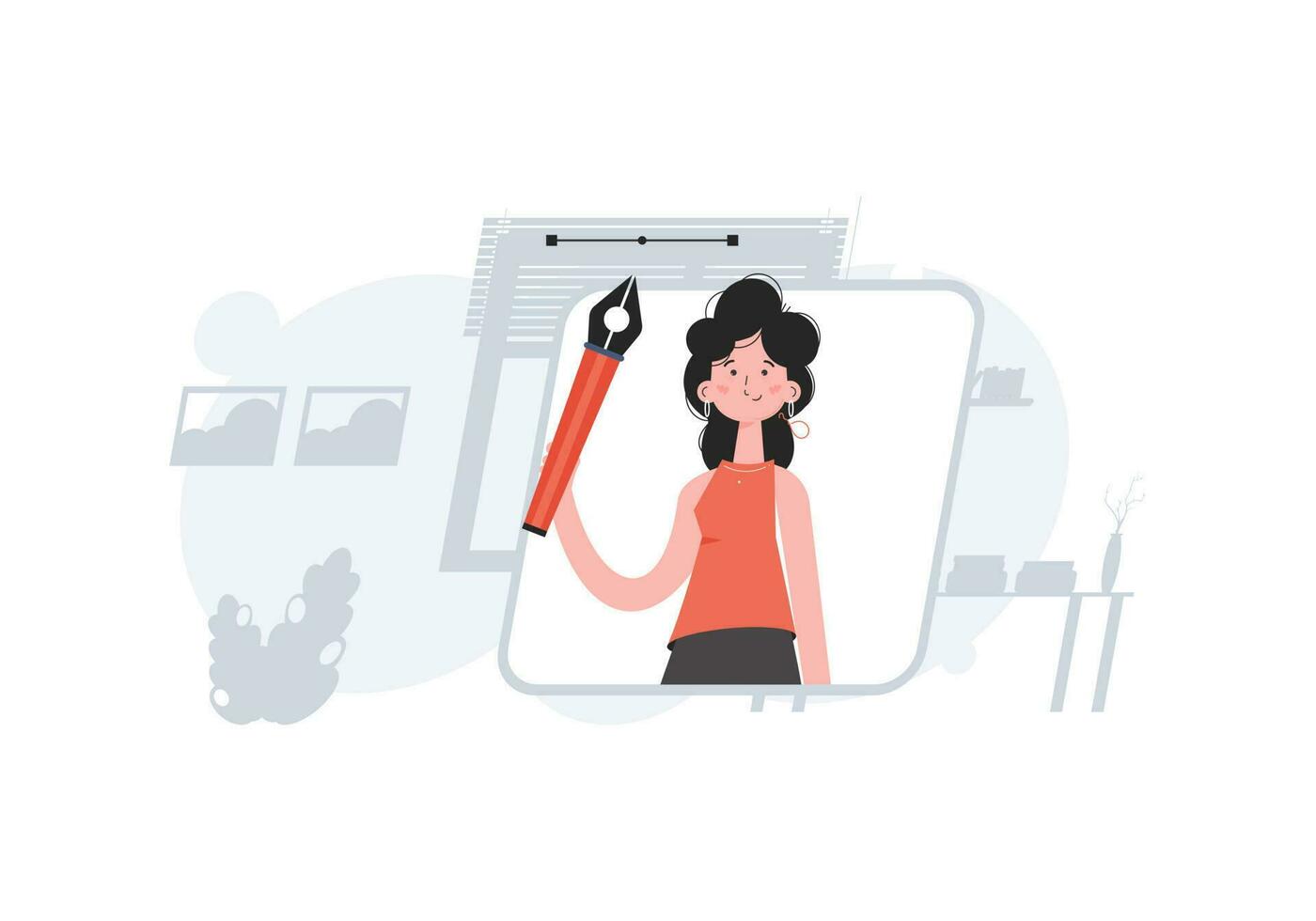 A woman stands waist-deep with a pen tool. Design. Element for presentations, sites. vector