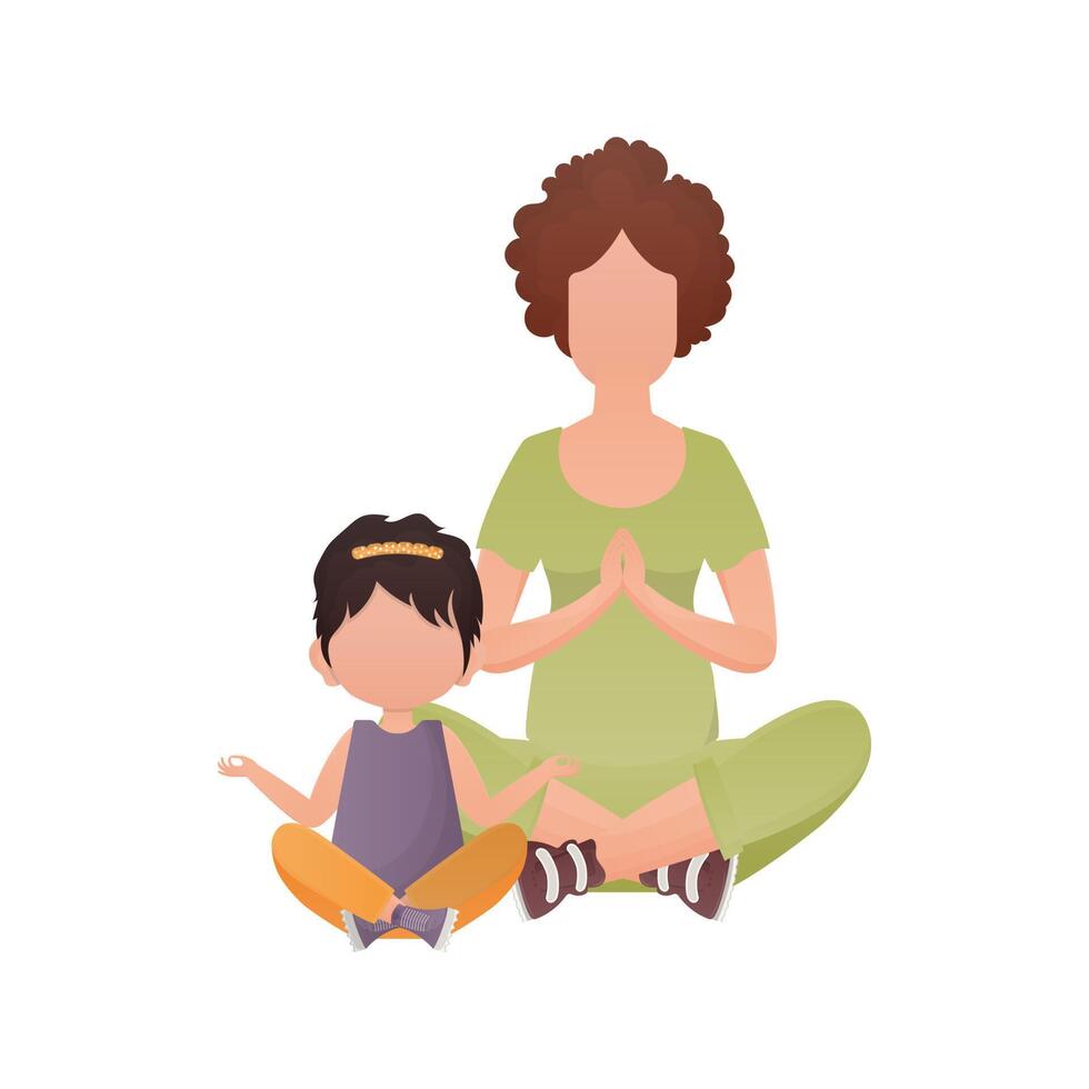 Mom and daughter sit in the lotus position. Cartoon style. Isolated on white background. . vector